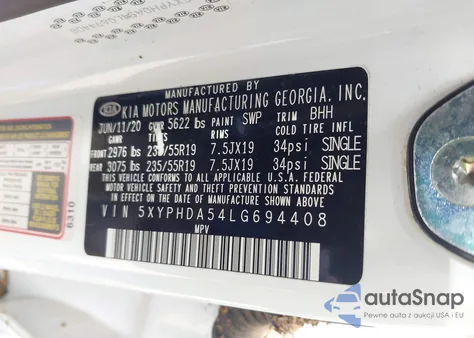 2020 Kia Sorento 3.3L Ex из США, поврежденный, VIN 5XYPHDA54LG694408